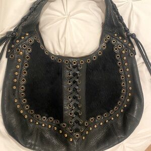 🔥Isabella Fiore super rare Black Leather Grommets & Ponyhair Studded Women's Bag